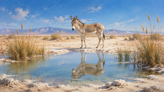 African wild ass standing beside a reflective desert waterhole beneath a clear blue sky, a peaceful wildlife illustration for rare donkeys, arid habitats, survival and desert conservation themes