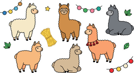 Naklejka premium Cute alpaca sticker vector set featuring cartoon llamas wearing glasses and tassels with colorful pompom garlands hay bale and star illustrations