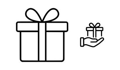 Black and white outline gift box icons with ribbon bow and hand holding present icon surprise package birthday gift holiday present box vector giving symbo © MSTSHAMOLY