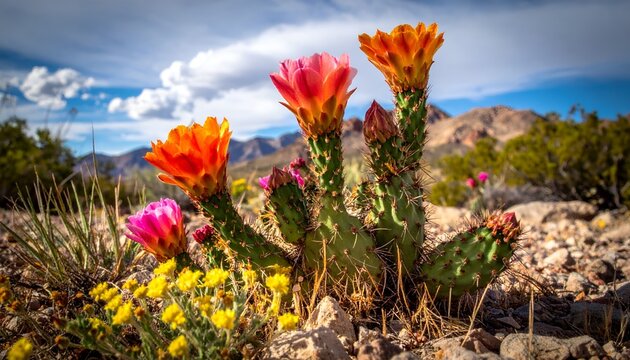 Vibrant Prickly Pear Cactus Flowers Bloom in Arid Desert Landscape