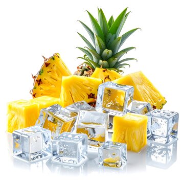 Fresh pineapple chunks with ice cubes on white background.