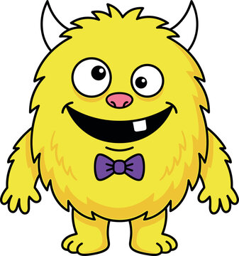 Cute yellow furry monster cartoon illustration featuring a happy smile goofy eyes sharp white horns and purple bow tie vector asset