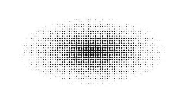 Abstract dark grey dotted oval shape with a halftone gradient pattern on a solid black background, for digital texture