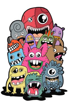 Hand-drawn illustrations, monsters doodle, Hand Drawn cartoon monster illustration,Cartoon crowd doodle hand-drawn Doodle style.
