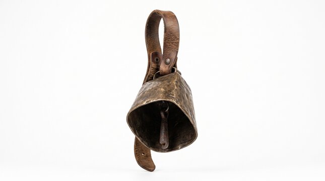 Vintage brass cowbell with leather strap, rustic antique livestock bell, weathered metal farm animal accessory isolated PNG with Transparent Background