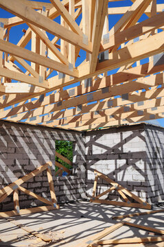 Roof framing house construction wooden roof truss structure indoor