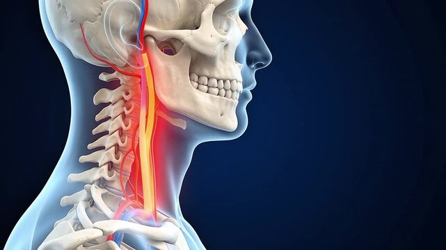 3D Medical Illustration of Carotid Artery and Cervical Blood Vessels on Dark background with copy space