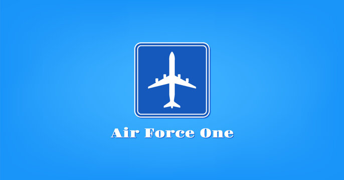 Vector logo. Air Force One. Square and white silhouette of four engine passenger jet. Blue background. First airplane