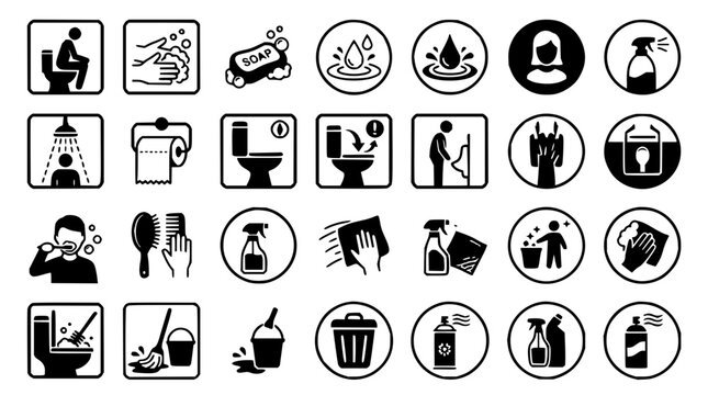 Hygiene set with circular icons featuring toilet, shower, soap, and handwashing with cleaning supplies and personal care items