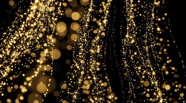 Abstract gold glitter sparkles and glowing bokeh lights cascading in elegant waves over a solid black night background texture