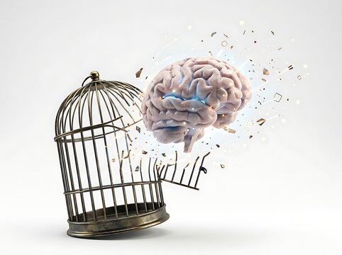 Human brain escaping from a broken birdcage, symbolizing freedom of thought, mental liberation, creativity, and breaking free from mental constraints isolated on white background