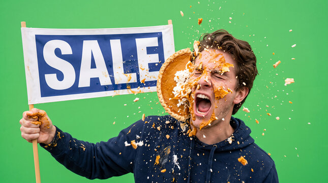 A man recoils as a pie hits his face, with a "SALE" banner behind him, symbolizing a dramatic or unexpected discount.