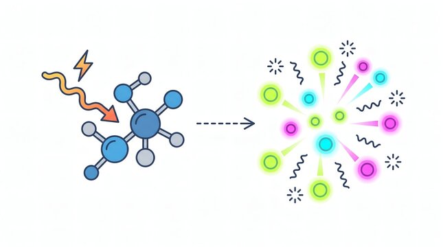 Diagram showing molecular dissociation and catalyst assisting chemical reaction with energy wave breaking bond into colorful ionized particles