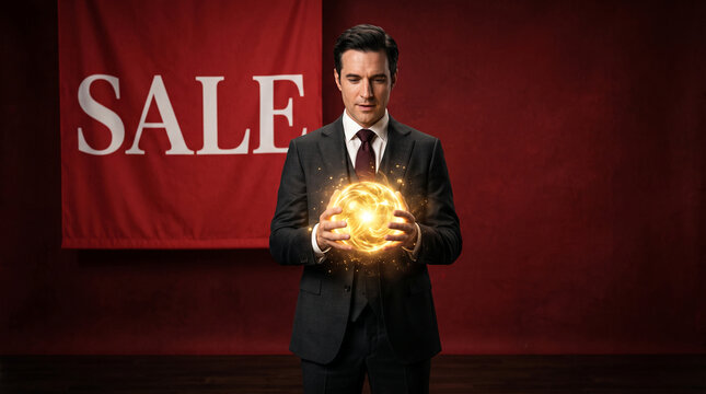 Businessman holding glowing orb with sale banner, symbolizing opportunity, success, and future, ideal for business concepts.