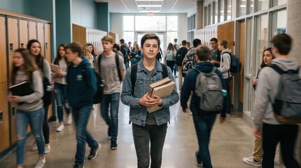 Fototapeta premium A male high school student stands in a busy corridor while holding textbooks among a diverse group of teenagers moving through the hallway during a change of classes on a typical school weekday
