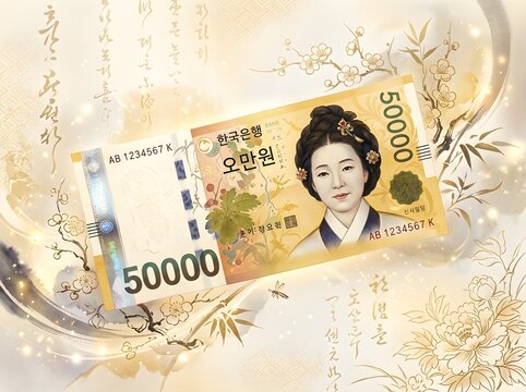Elegant financial background featuring a South Korean fifty thousand won banknote surrounded by delicate oriental floral patterns and traditional calligraphy