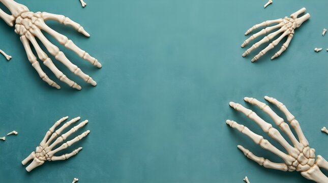 Human skeleton hands on teal background for Halloween holiday celebration design