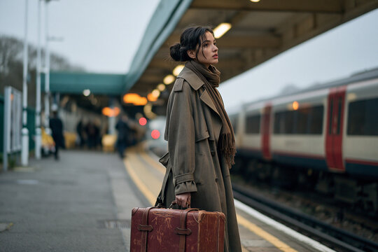 Pensive brunette woman in long trench coat holding vintage suitcase while waiting for train on outdoor platform