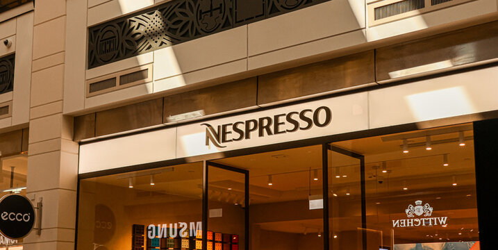 Warsaw, Poland, 20 August 2026. Nespresso brand logo on a retail store entrance in a modern shopping center