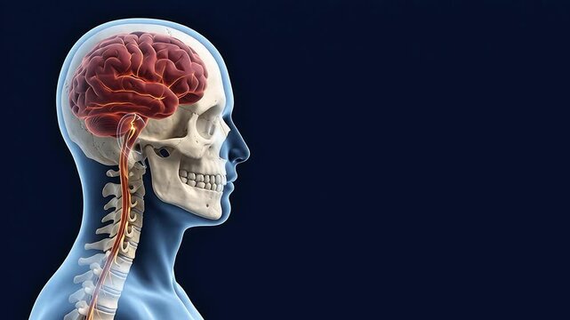 3D Medical Illustration of Human Brain and Spinal Cord on Dark background with copy space