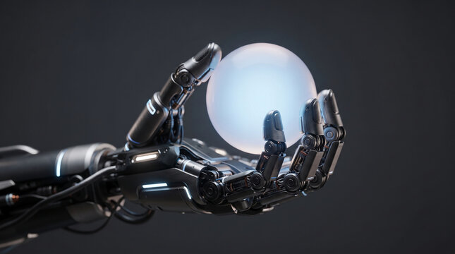 Detailed robotic hand holding a glowing orb, symbolizing technology, innovation, and future concepts. Free space for text.