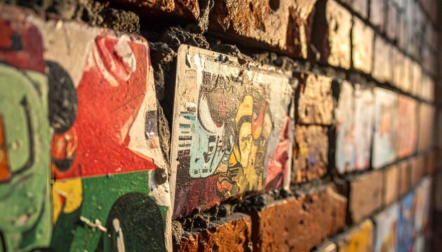 Vintage Sticker Art on Grungy Brick Wall - Urban Retro Vibe