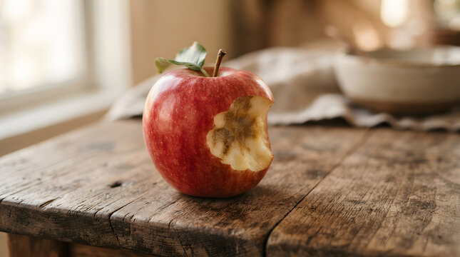 A single red apple with a bite taken out showing bruised flesh sitting on a rustic wooden table