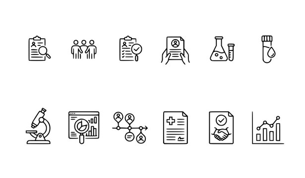 Clinical research and trial process outline icon collection for medical study laboratory and healthcare vector