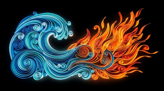 Intricate paper quilling art depicting contrasting blue ocean wave and fiery orange flames