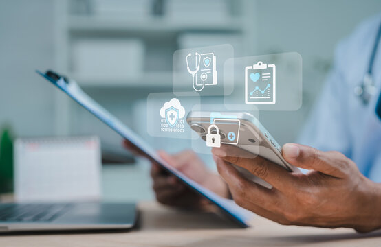 Secure cloud medical data records patient privacy concept doctor holding smartphone clipboard with folder lock stethoscope document icons for digital health telemedicine healthcare