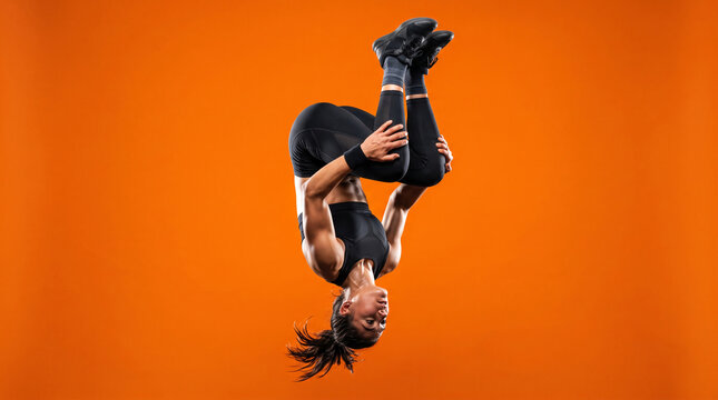 Athletic woman in mid-air performing a gymnastic flip, symbolizing strength, agility, and peak performance against an orange background