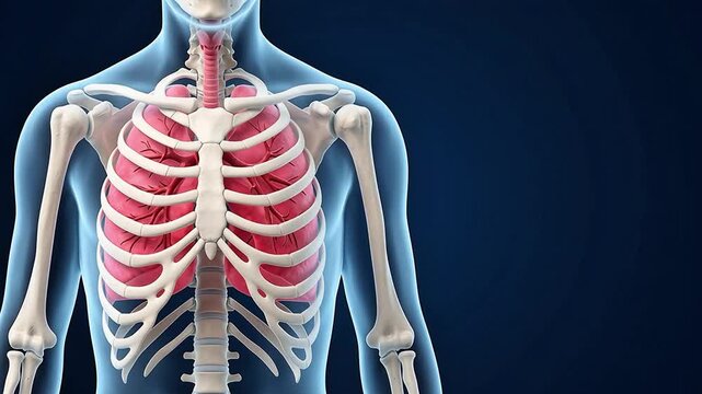 3D Medical Illustration of Human Lungs and Respiratory System on Dark background with copy space
