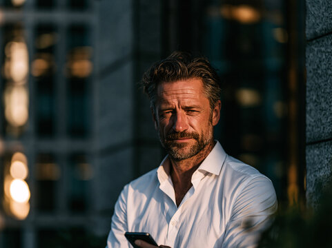 A rugged middle-aged Caucasian man with salt-and-pepper hair and a trimmed beard stands outdoors in warm golden sunset light, wearing a crisp white dress shirt unbuttoned at the collar, gazing down