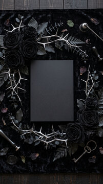 Black roses and thorns frame a dark blank slate, symbolizing mystery, elegance, and gothic themes with space for text