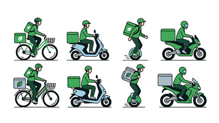 Delivery Person Icons: Bicycle, Scooter, Electric Unicycle, Motorcycle © umi