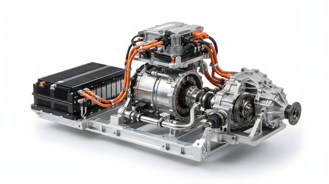 Modern hybrid automotive powertrain system with electric motor, battery pack and transmission components isolated in a studio view