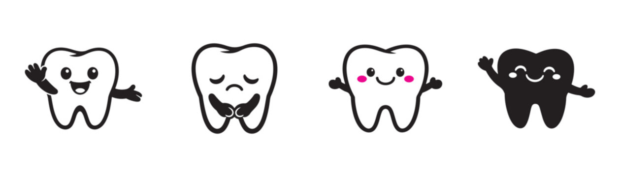 Cute tooth character icon set with happy smiling teeth for dental care, kids, oral health and hygiene.