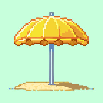 Pixel art yellow beach sun umbrella on small sand mound for summer vacation beach club simulator and tropical island game
