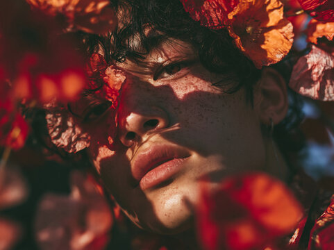 An intimate artistic close-up of a young freckled face with dark curly hair, partially enveloped by vivid red and orange poppy petals, dramatic dappled sunlight casting floral shadows across the skin,