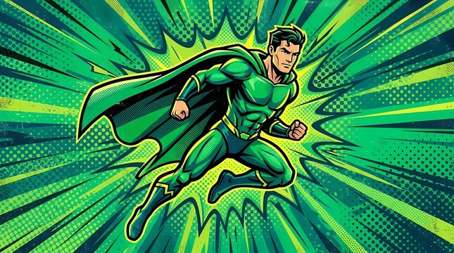 Vibrant emerald hero scene with comic-inspired pop art aesthetic energetic halftone pattern backdrop for creative typography scalable emerald hero comic pop art halftone backdrop