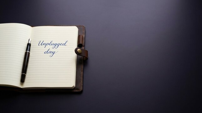 Open notebook with handwritten text "Unplugged day" and a black pen resting on the page, set against a dark background for a minimalist aesthetic