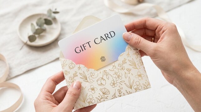Hands holding a decorative envelope containing a colorful gift card, with a soft fabric background and a small plate and greenery in the scene