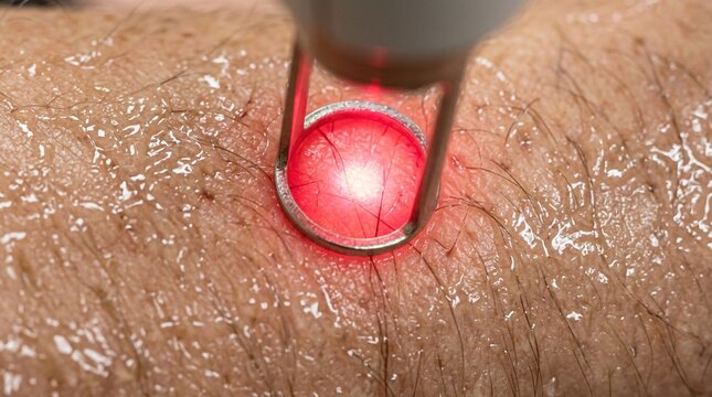 Close-up of laser treatment device emitting red light on human arm skin, showcasing hair follicles and moisture on the surface during dermatological procedure