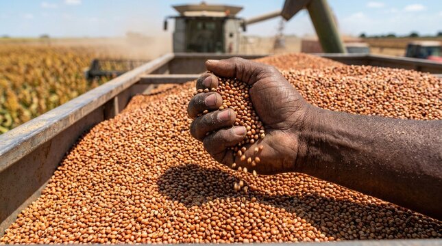 African male farmer holding handful of harvested seeds in a grain cart with agricultural machinery and fields visible in the background under a clear blue sky