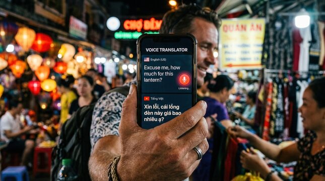 Man holding smartphone displaying voice translator app while interacting with vendors in a vibrant market filled with colorful lanterns and various goods