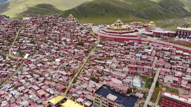 Aerial View of Larung Gar Tibetan Monastery and Hillside Town in Sichuan China in Larung Gar, Sichuan, China