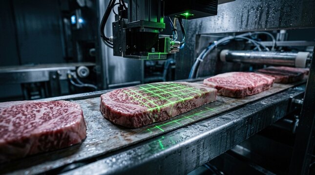High-tech meat processing facility with marbled beef steaks on conveyor belt being scanned by laser measurement system for quality control and inspection