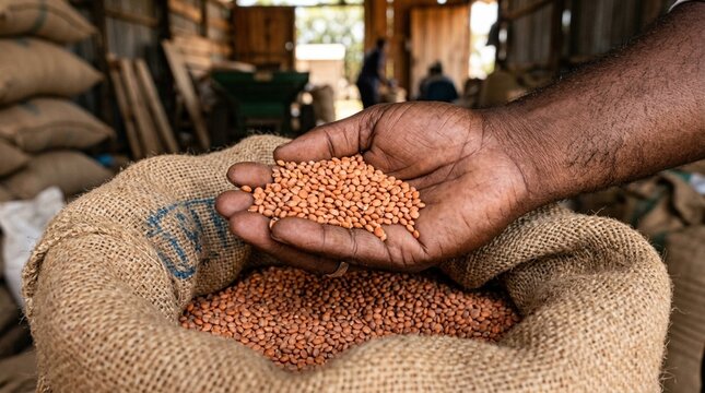 Hand holding orange lentils above burlap sack in agricultural warehouse with sacks and machinery visible in the background
