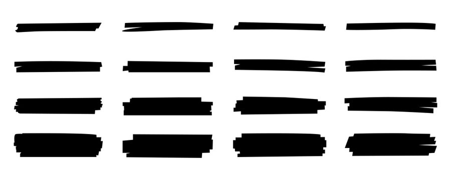 Black marker pen thick horizontal strokes and highlighter texture brushes collection on transparent background.