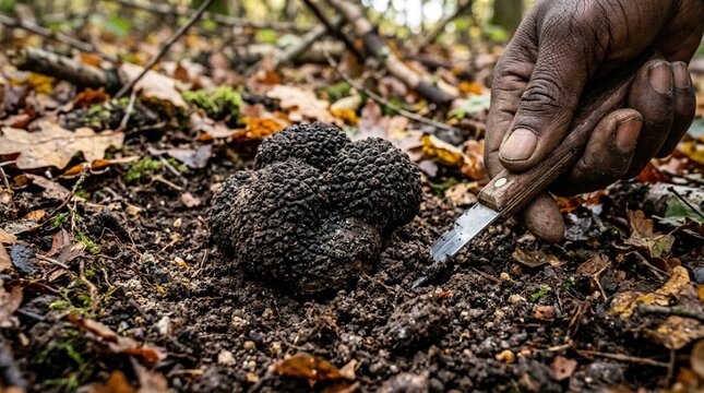Person harvesting black truffle from soil using a small knife in a forested area with fallen leaves and natural foliage surrounding the scene